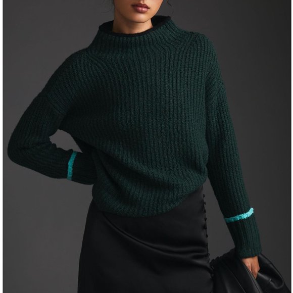 Anthropologie The Maeve Mock-Neck Color-Tipped Sweater Dark Green XXS - Picture 1 of 9